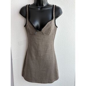 Brown Herringbone Y2K Mini Dress Bow Size S or 4 Preppy Schoolgirl Cute Girly